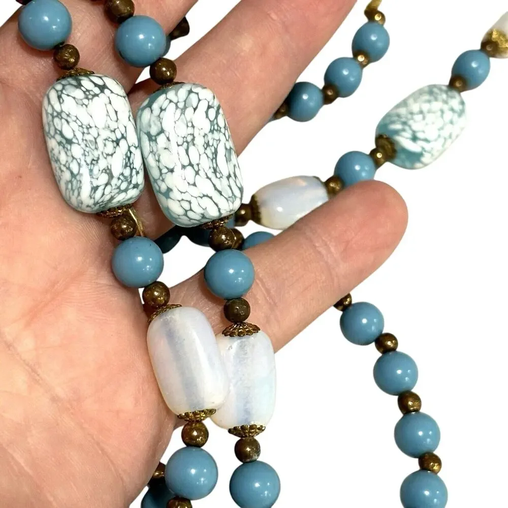 Single Strand Blue White & Gold Beaded Necklace Vintage Art Glass Opalescent